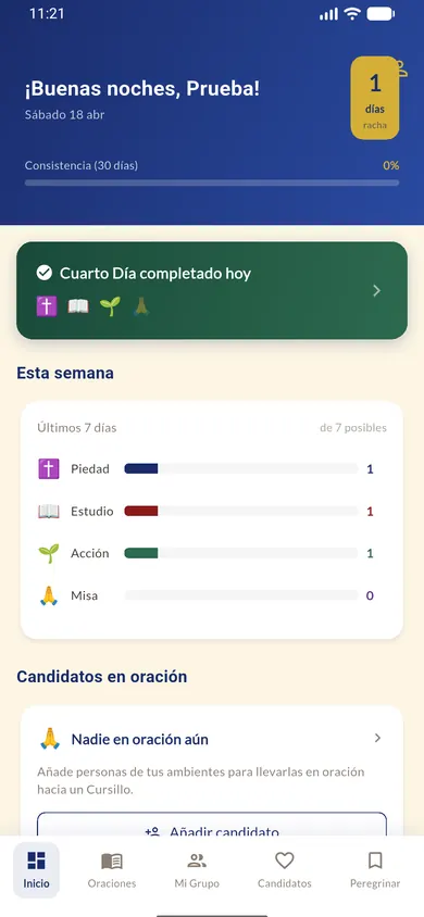 Pantalla de inicio de Peregrino APP con el Trípode de la semana: Piedad, Estudio y Acción
